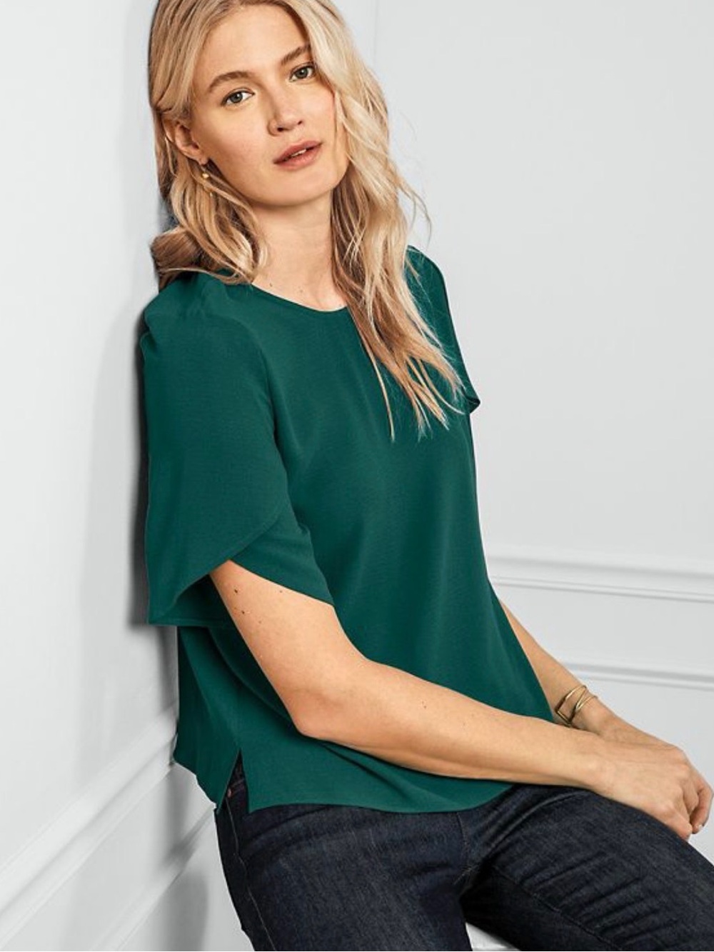 NWT Eileen Fisher Women’s Small Silk Georgette Blouse Tulip Sleeves Pine Green